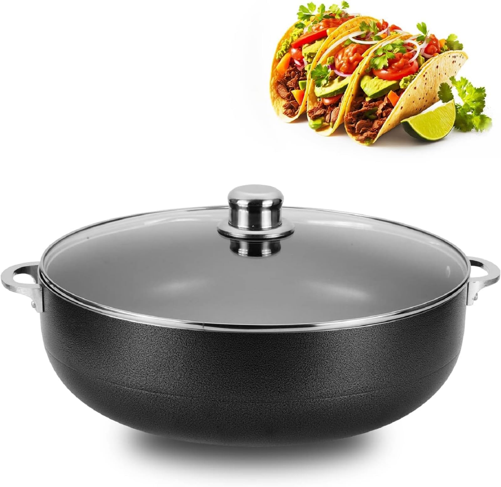 Alpine Cuisine Non-Stick Caldero 7 Quart with Glass Lid | Multi-Purpose Aluminum Dutch Oven for Braising - Boiling - Stewing | Nonstick Coating with Black Finish | Ideal for All Serving Sizes Pot