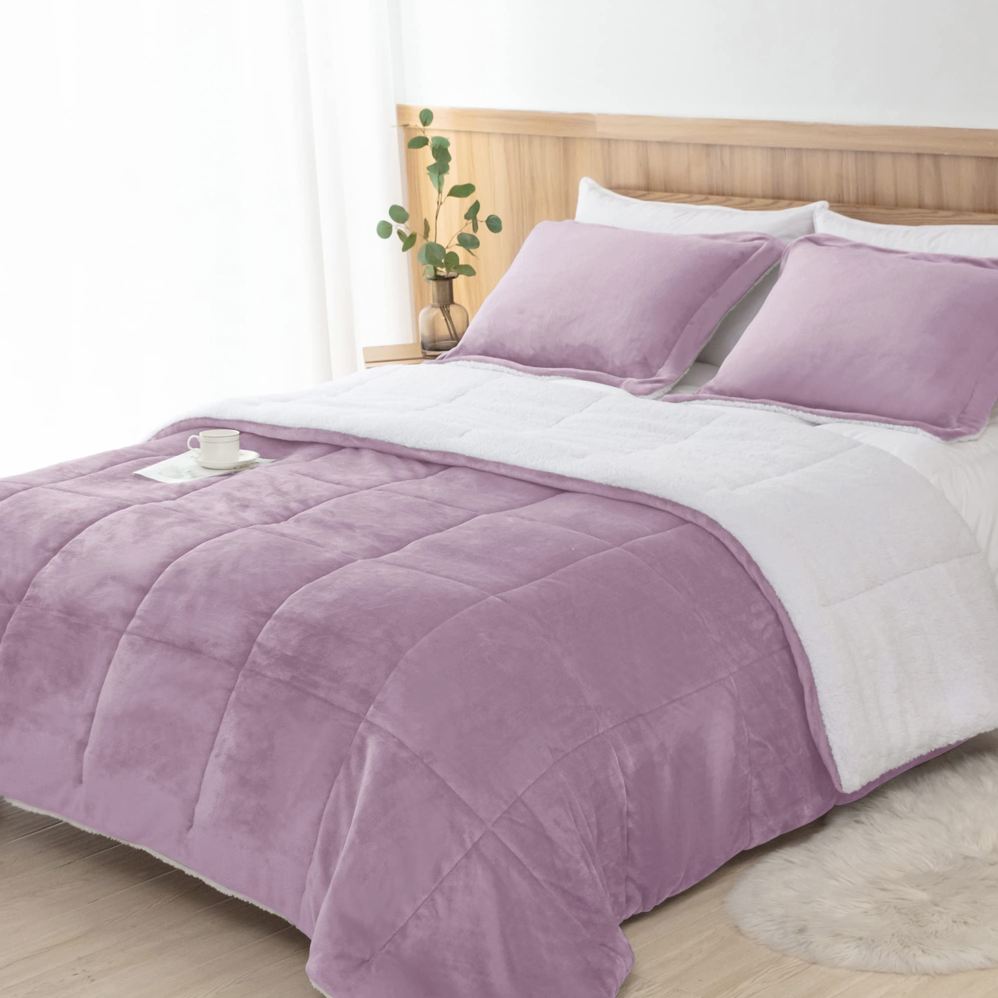 Lavender Purple Fuzzy Sherpa Comforter Set Full Queen Size, Soft Fall Winter All Season Girls Bedding Comforter Sets 3 Piece (1 Comforter and 2 Pillow Shams)