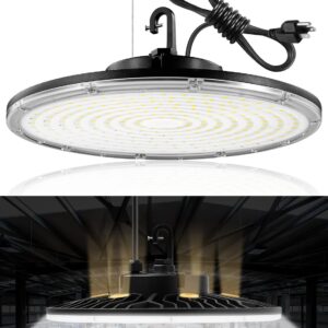 LED High Bay Light 150W, 22500LM LED Shop Light with US Plug 5' Cable, 5000K Daylight UFO LED High Bay Lights, IP65 Commercial Warehouse Light, Super Bright Area Bay Lighting for Garage Barn Workshop