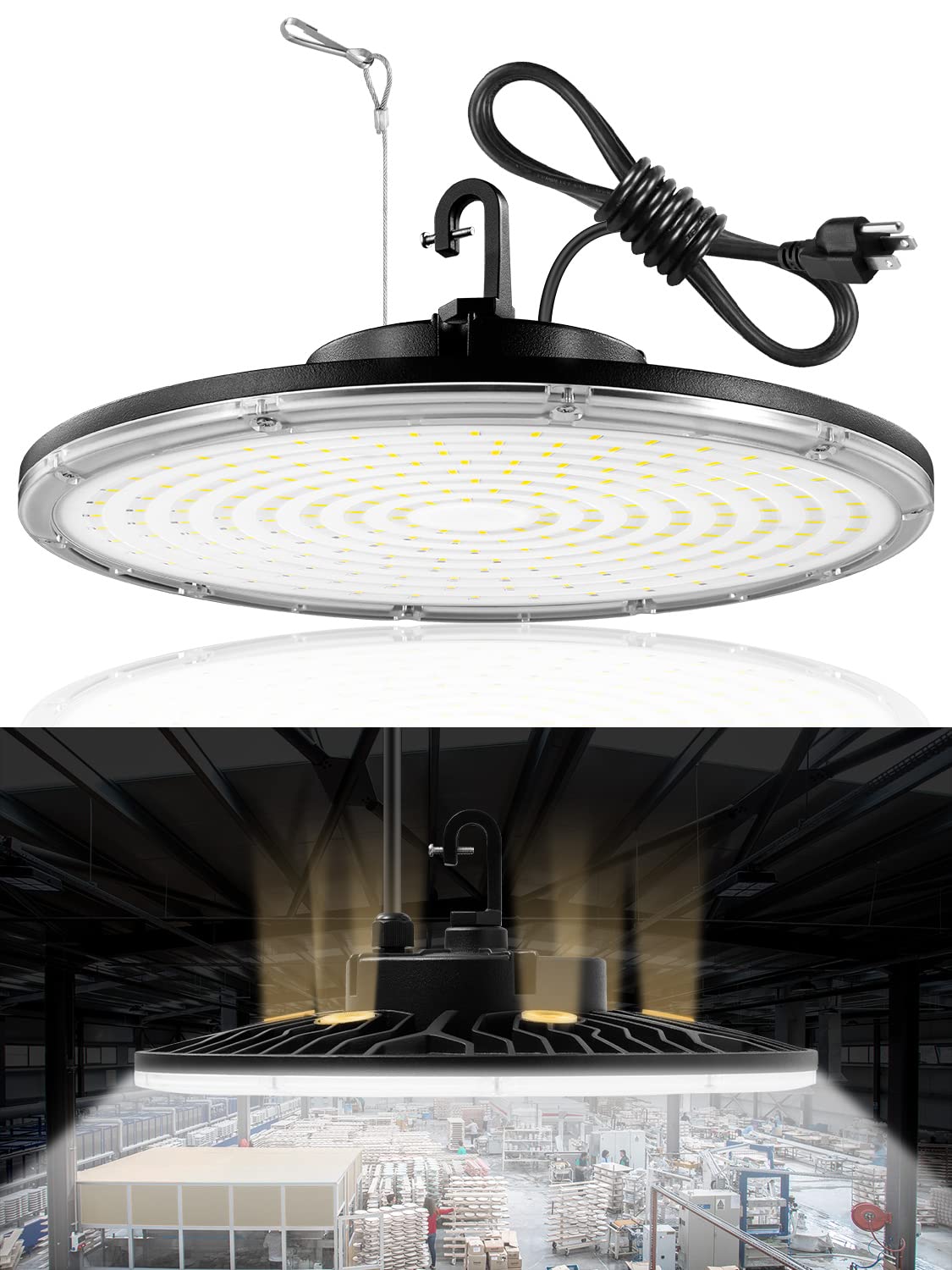 LED High Bay Light 150W, 22500LM LED Shop Light with US Plug 5' Cable, 5000K Daylight UFO LED High Bay Lights, IP65 Commercial Warehouse Light, Super Bright Area Bay Lighting for Garage Barn Workshop