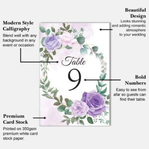 26 Pieces Wedding Table Numbers Cards 1-25 with Head Table Numbers - Purple Roses Double Sided 4x6in - Table Numbers for Wedding Reception/Party/Event