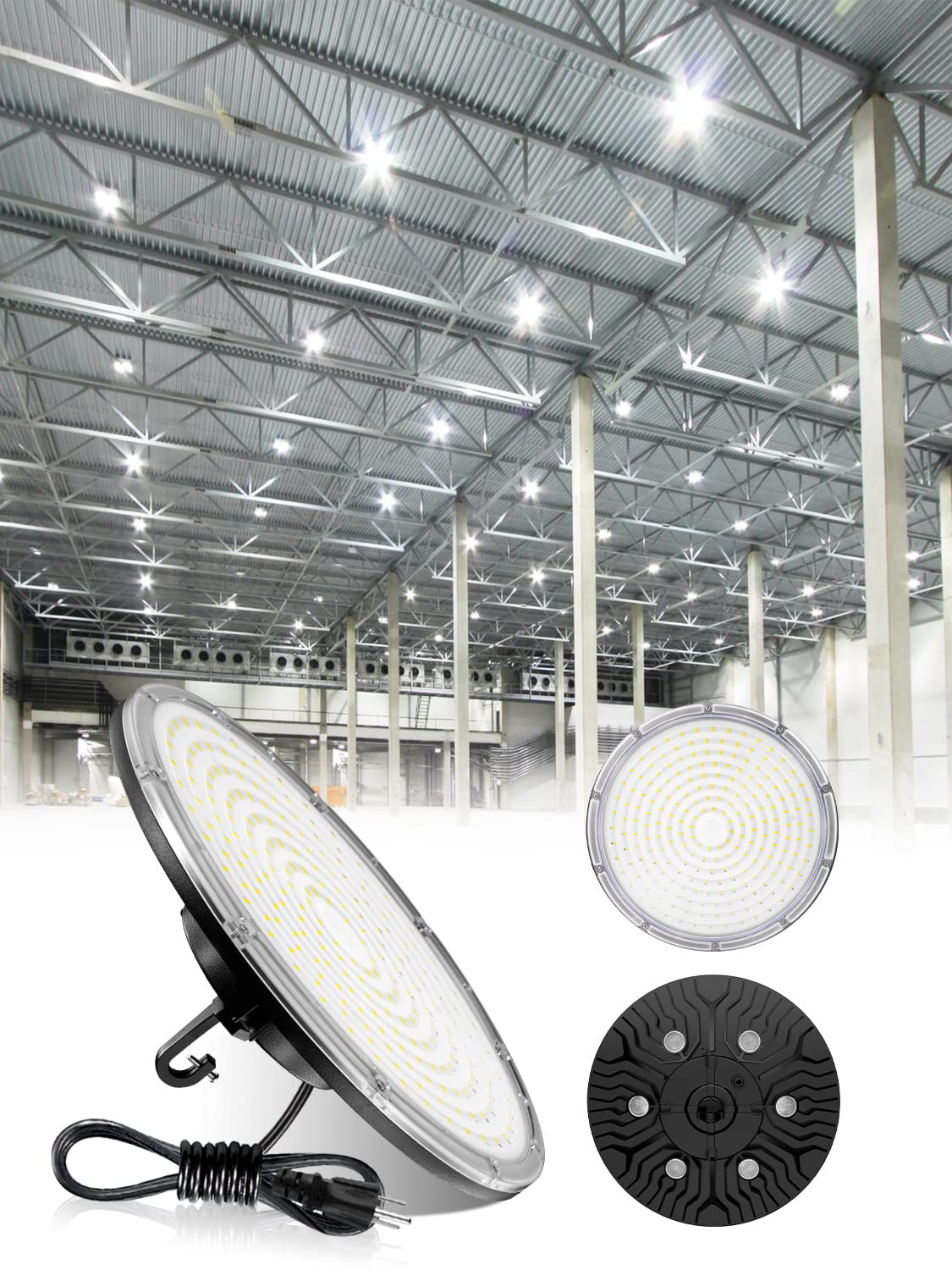 LED High Bay Light 150W, 22500LM LED Shop Light with US Plug 5' Cable, 5000K Daylight UFO LED High Bay Lights, IP65 Commercial Warehouse Light, Super Bright Area Bay Lighting for Garage Barn Workshop