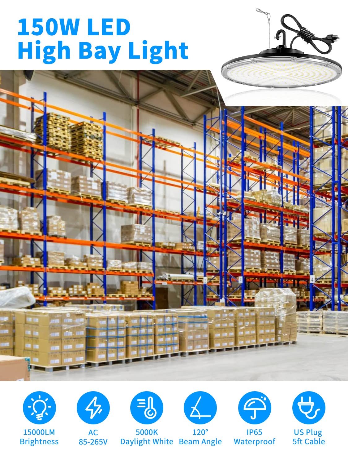 LED High Bay Light 150W, 22500LM LED Shop Light with US Plug 5' Cable, 5000K Daylight UFO LED High Bay Lights, IP65 Commercial Warehouse Light, Super Bright Area Bay Lighting for Garage Barn Workshop