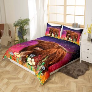 Feelyou Highland Cow Duvet Cover Queen Size Highland Cattle Comforter Cover 3D Printed Space Bedding Set Galaxy and Flowers Bedspread Cover for Kids Boys Girls Adults with 2 Pillow Case