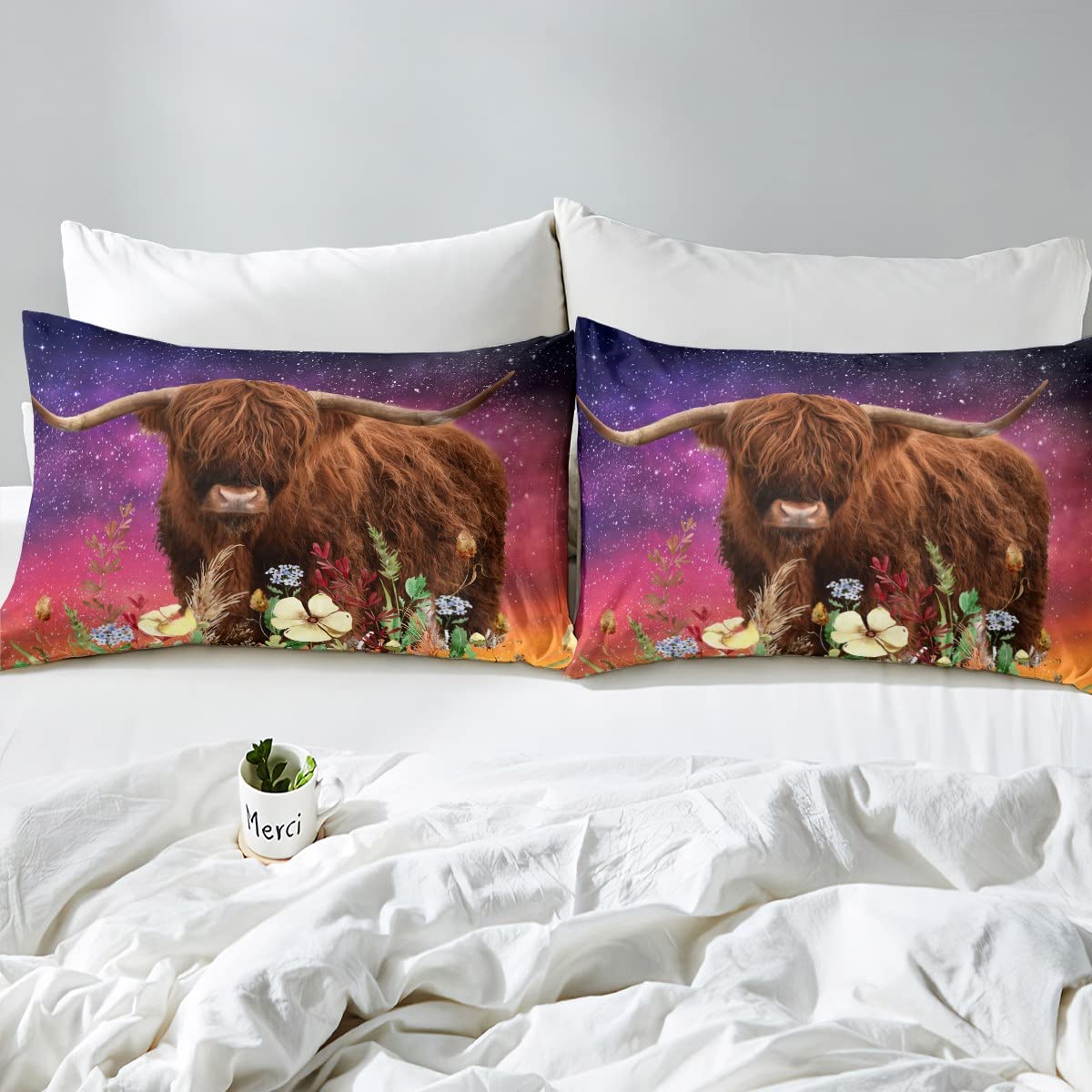 Feelyou Highland Cow Duvet Cover Queen Size Highland Cattle Comforter Cover 3D Printed Space Bedding Set Galaxy and Flowers Bedspread Cover for Kids Boys Girls Adults with 2 Pillow Case