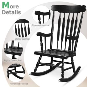 Tangkula Patio Rocking Chair Solid Rubber Wood, Outdoor Porch Rocker Chair with Rubber Wood Frame, Indoor Wooden Rocking Chair, Ideal for Garden, Backyard & Balcony (1, Black)