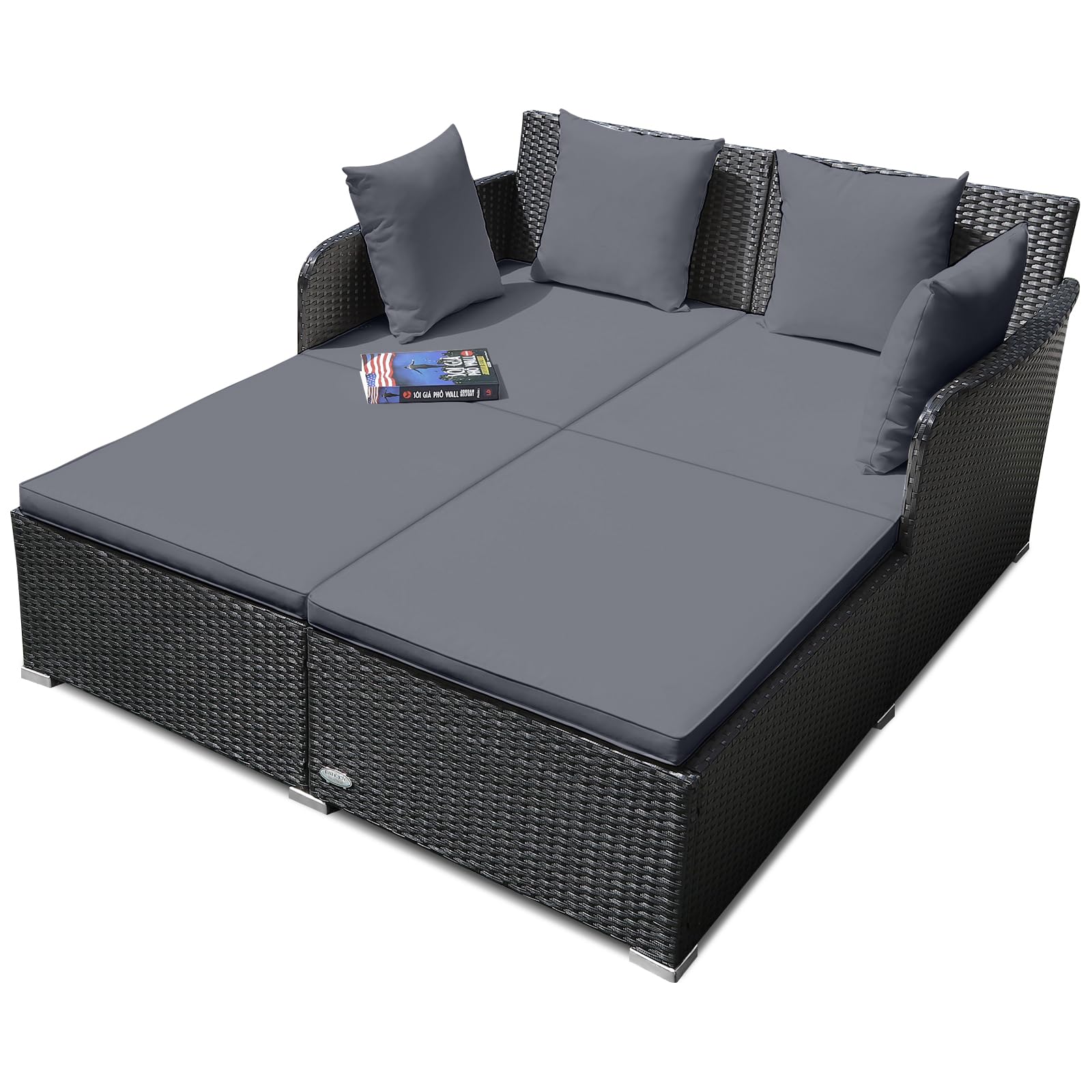 RELAX4LIFE Rattan Patio Outdoor Daybed, Wicker 2-Person Sunbed Loveseat with Soft Cushions, 4 Pillows, Curved Backrest & Armrest, Double Bed Lounger Sofa Set for Balcony Porch, Patio Bed (Grey)