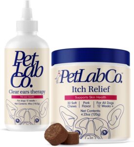 petlab co. ear & coat support bundle: support ear health & hygiene with our dog ear cleaner 4 ounces & itch relief chews designed to support optimum skin condition & maintain skin health 30 count