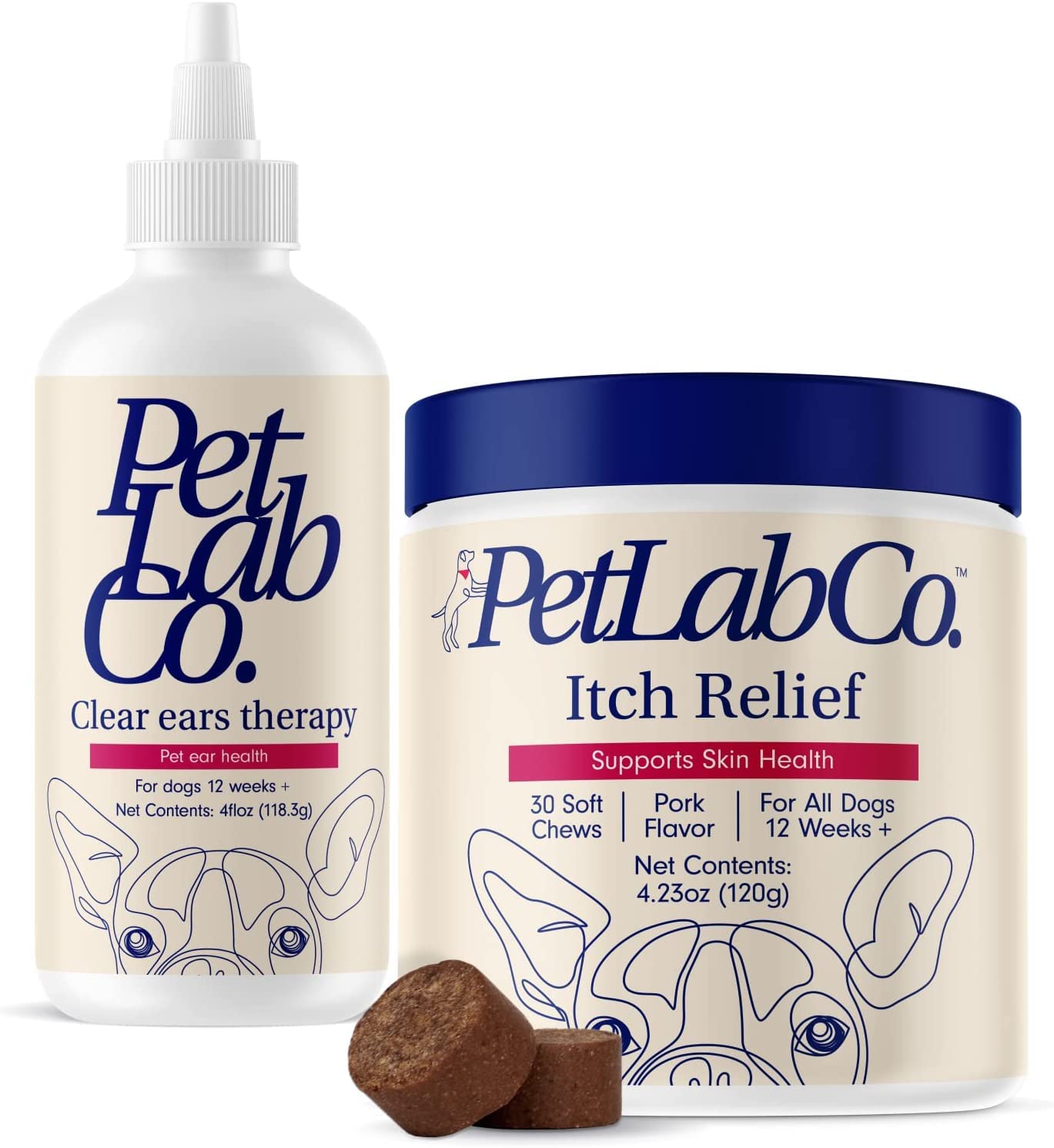 PetLab Co. Ear & Coat Support Bundle: Support Ear Health & Hygiene with Our Dog Ear Cleaner 4 Ounces & Itch Relief Chews Designed to Support Optimum Skin Condition & Maintain Skin Health 30 Count