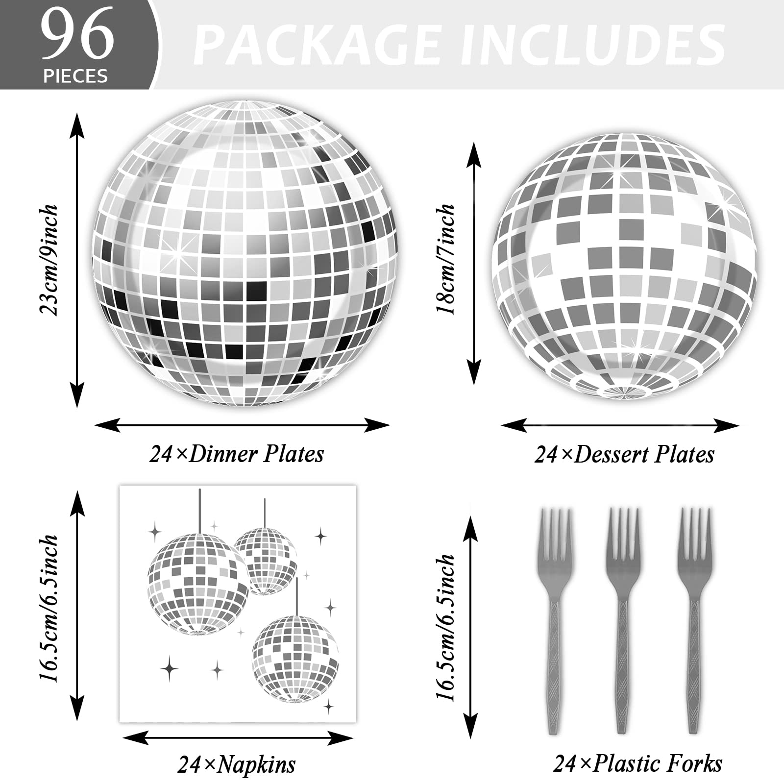 96 Pieces Disco Plates and Napkins Disco Ball Plates Disco Birthday Party Paper Plates 70s Tableware Set Birthday Party Supplies Silver Napkins Hip Hop Baby Shower Party Decorations for 24 Guests