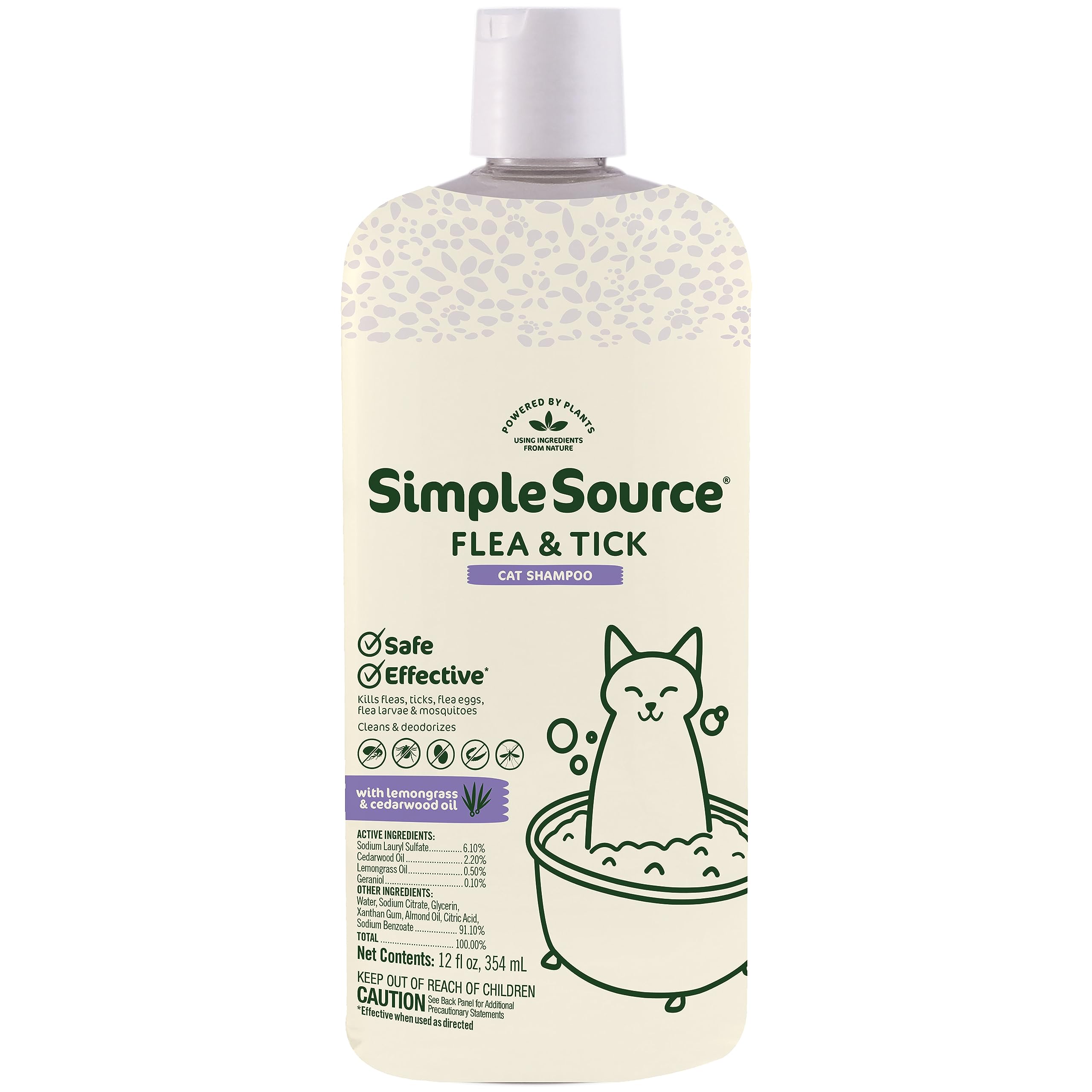 SimpleSource® Flea & Tick Shampoo for Cats, Powered by Plants, Kills Fleas, Flea Eggs, Flea Larvae, Ticks, & Mosquitos, Cleans & Deodorizes, 12oz Bottle