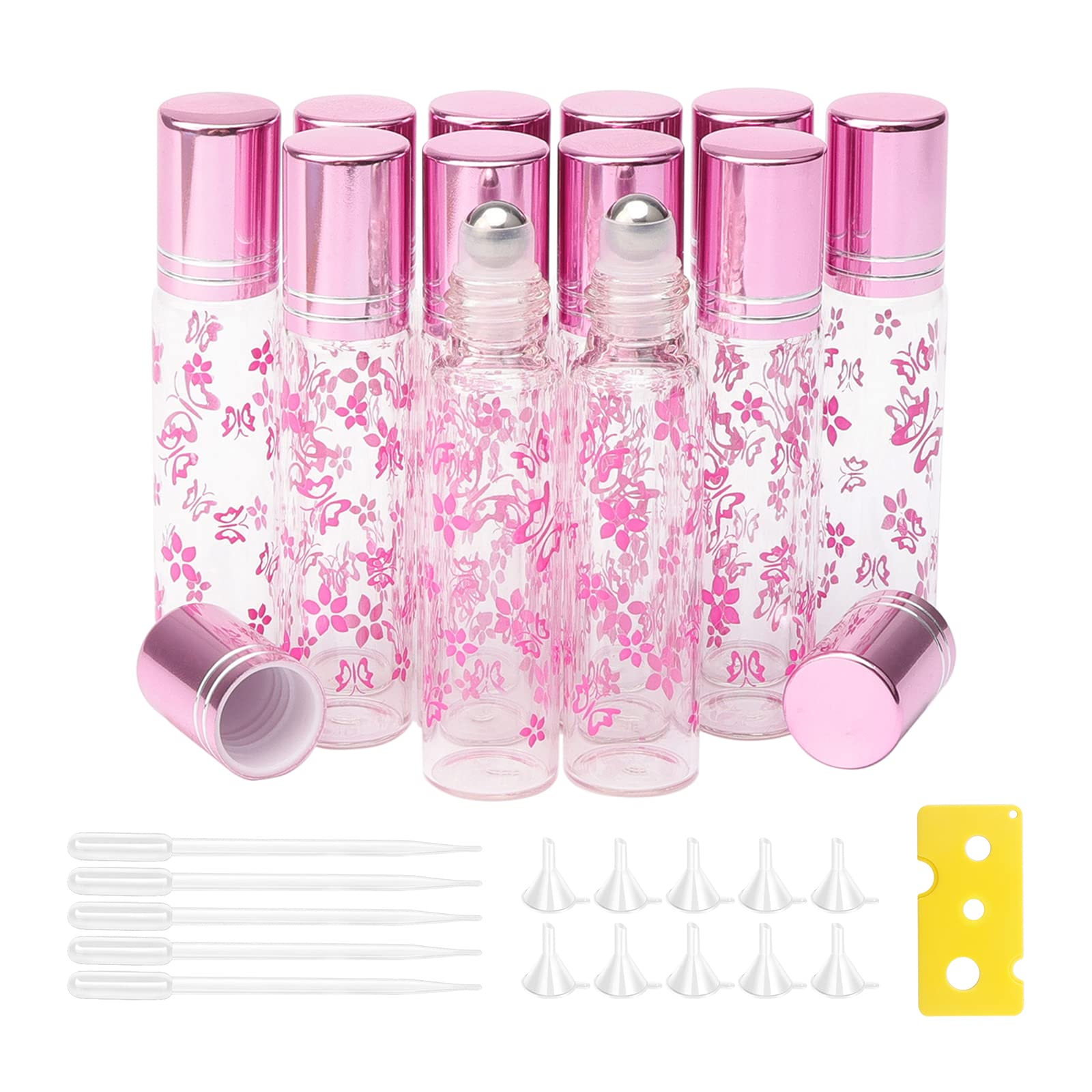 JIUWU 10ml/0.34oz Refillable Glass Roller Bottles, Pink Glass Roll on Bottles Empty Essential Oil Perfume Glass Sample Vials, with Funnel Dropper Opener, Pack of 12