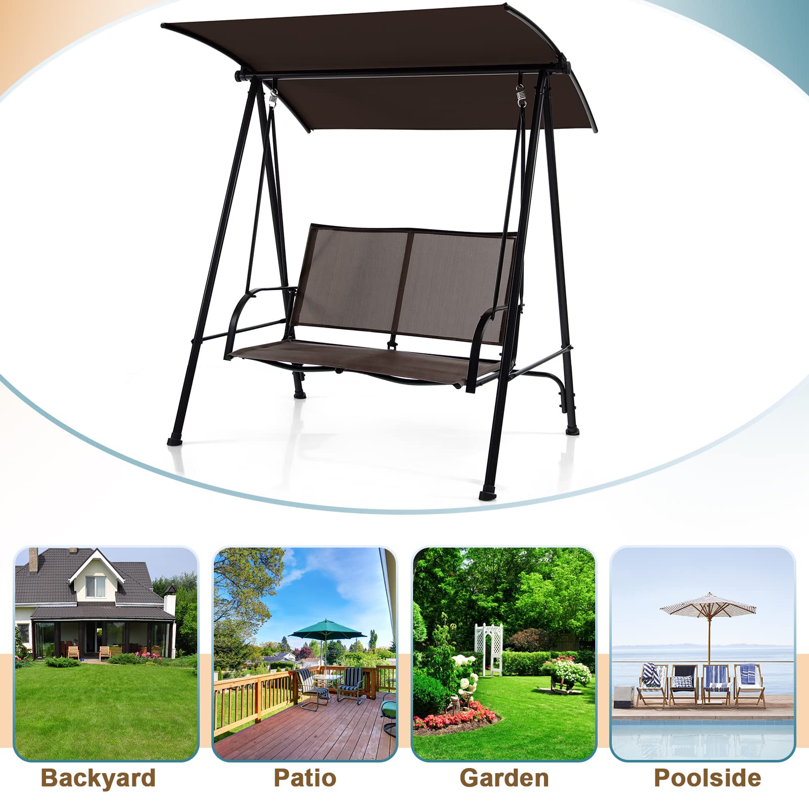 Tangkula 2 Person Porch Swing, Patio Swing with Adjustable Canopy, Comfortable Fabric Seat & Heavy-Duty Steel Frame, Outdoor Canopy Swing for Patio, Garden, Poolside (Dark Brown)