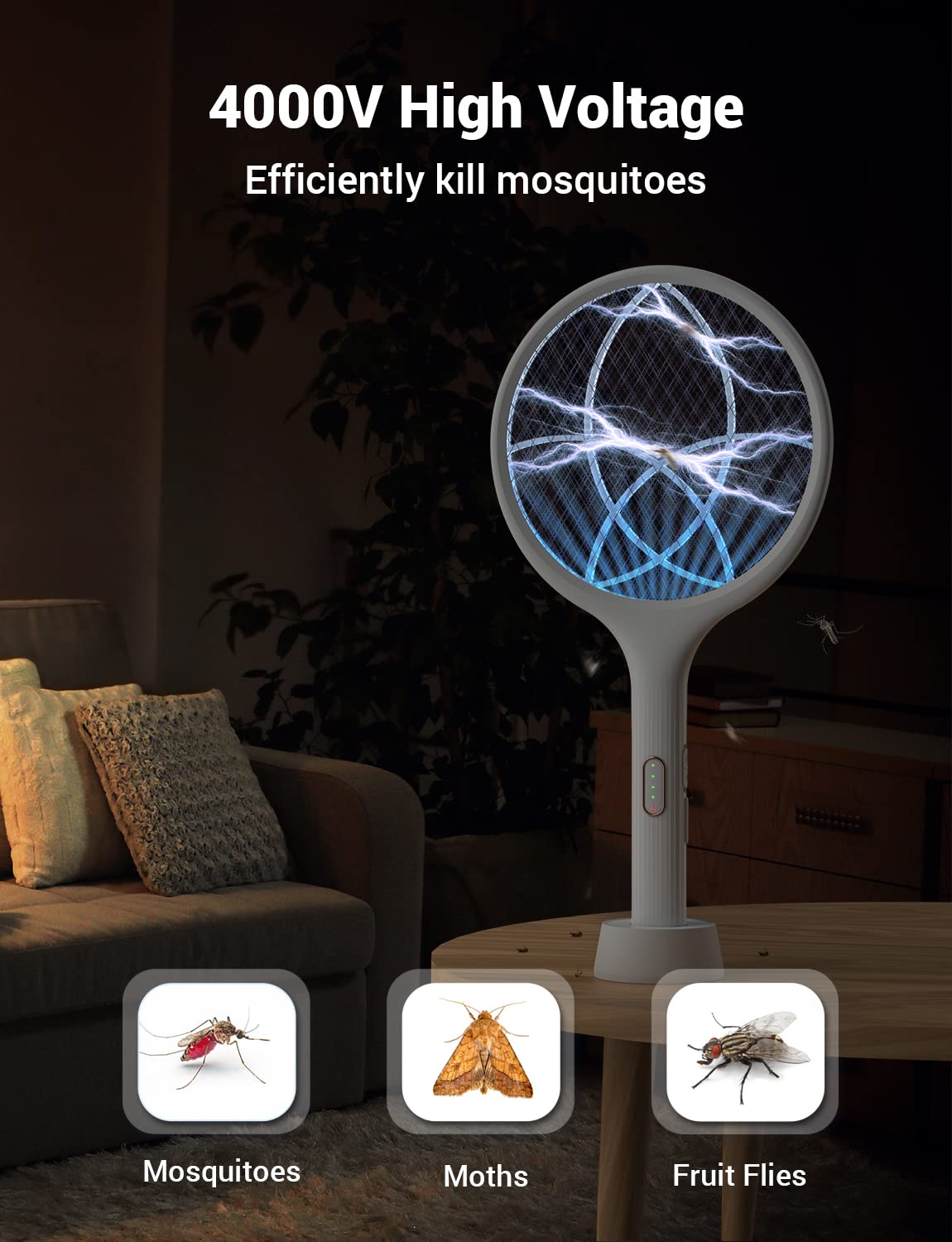 YISSVIC Electric Fly Swatter 4000V Bug Zapper Racket Dual Modes Mosquito Killer with Purple Mosquito Light Rechargeable for Indoor Home Office Backyard Patio Camping