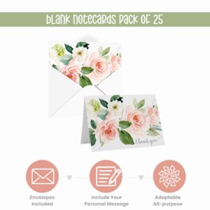 Paper Clever Party Graceful Floral Thank You Cards for Bridal Shower, Wedding, Any Occasion, Blank Notecards with Envelopes Set, Folded Notes, 25 Pack