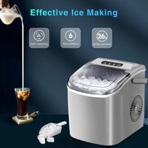 R.W.FLAME Ice Makers Countertop, Portable Ice Maker Machine with Self-Cleaning, 26.5lbs/24Hrs, 6 Mins/9 Pcs Bullet Ice, Ice Scoop and Basket, Handheld Ice Maker for Kitchen/Home/Office/Party,Grey