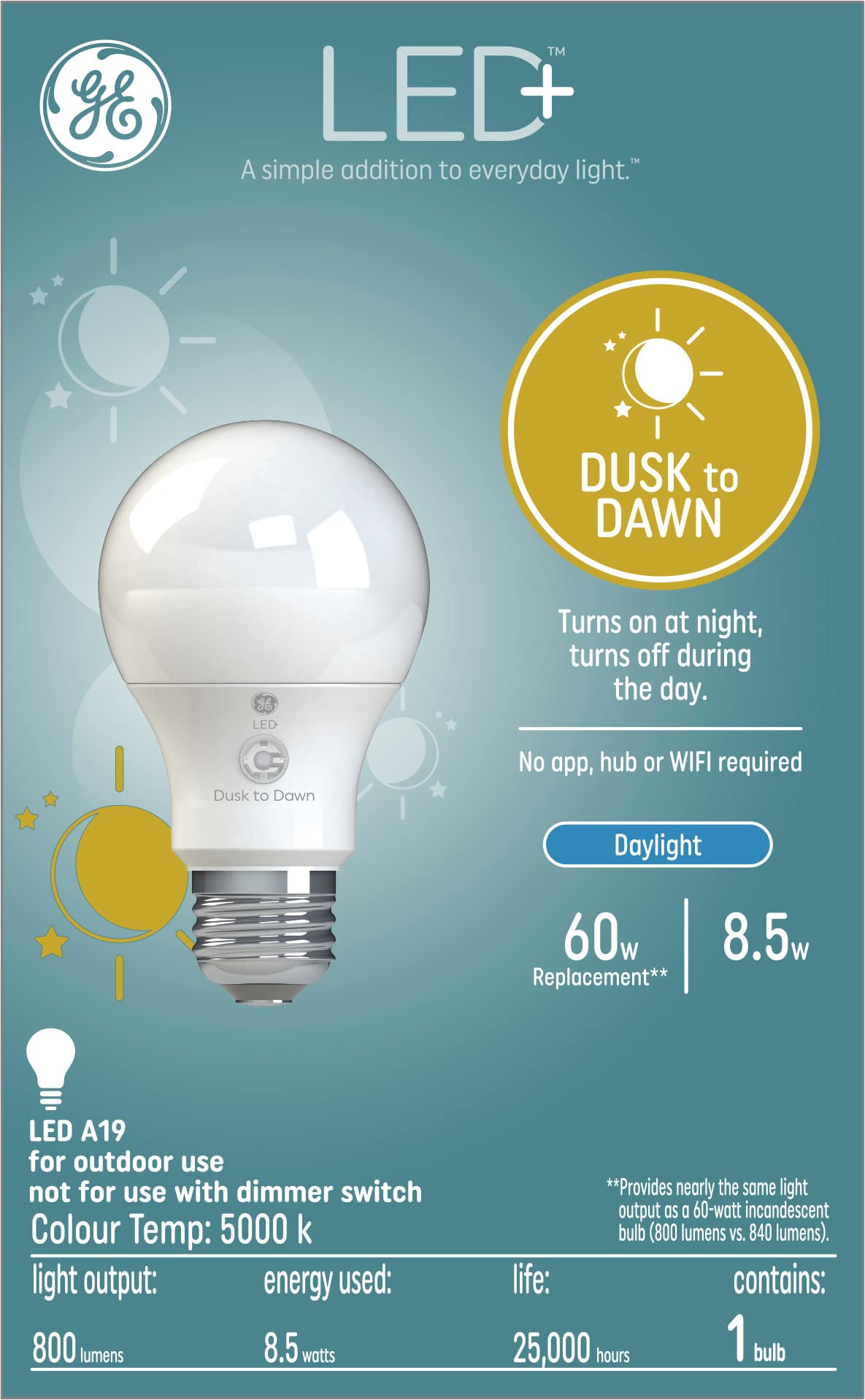 GE Lighting LED+ Dusk to Dawn Outdoor Light Bulb, Sunlight Sensor, Soft White, Automatic On/Off Light Sensing Bulb A19 Light Bulb (1 Pack)