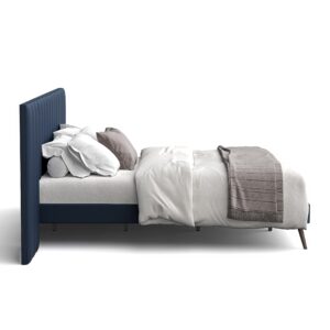 DG Casa Rhodes Queen Bed Frame with Extended Headboard, Soft Blue Velvet Fabric, Splayed Wood Legs, Solid Wood Legs, Wood Slat Support, Chic Tan Headboard, Modern, Blue