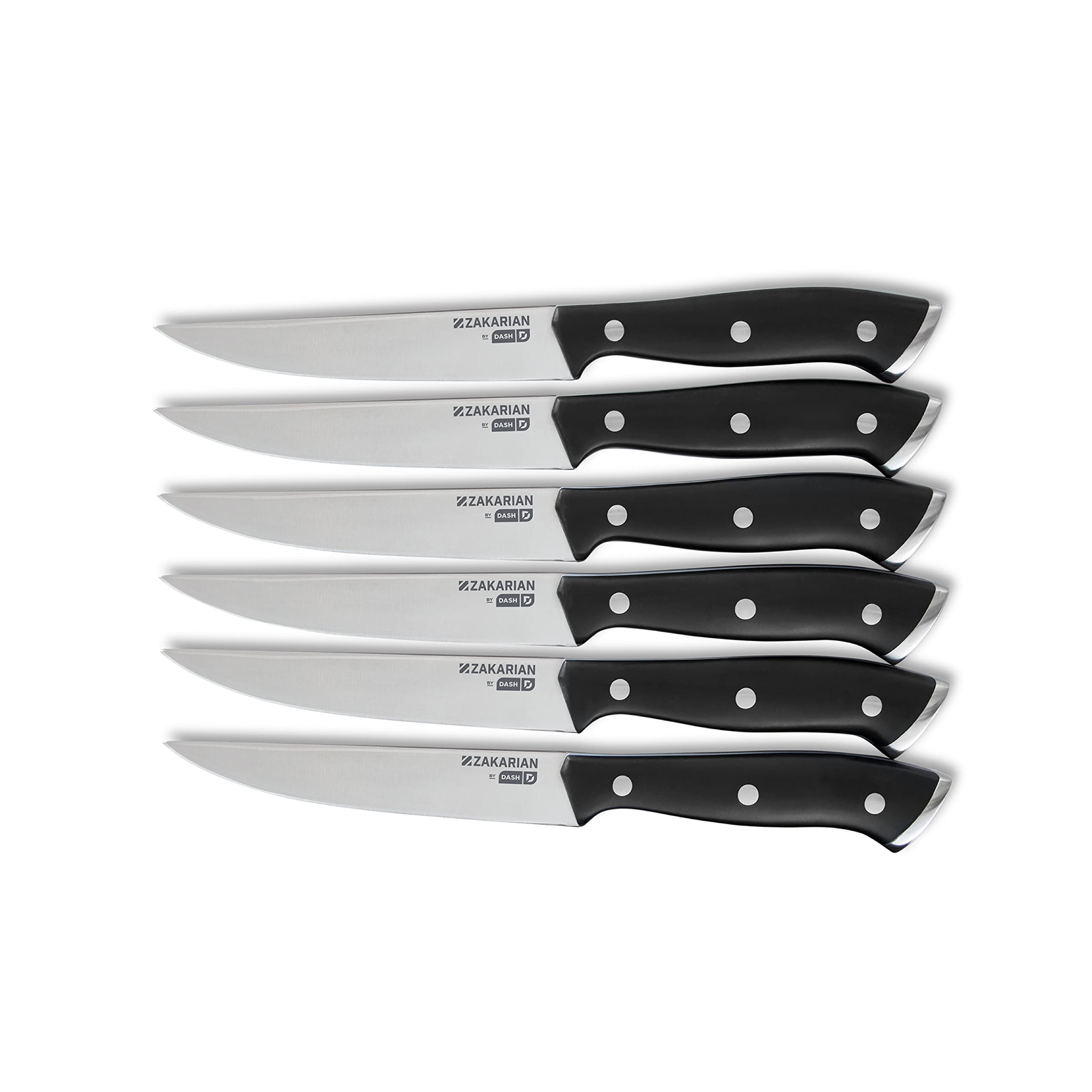 DASH Zakarian 6-Piece Steak Knife Set, Non-Serrated Full Tang German Steel Blade, Black