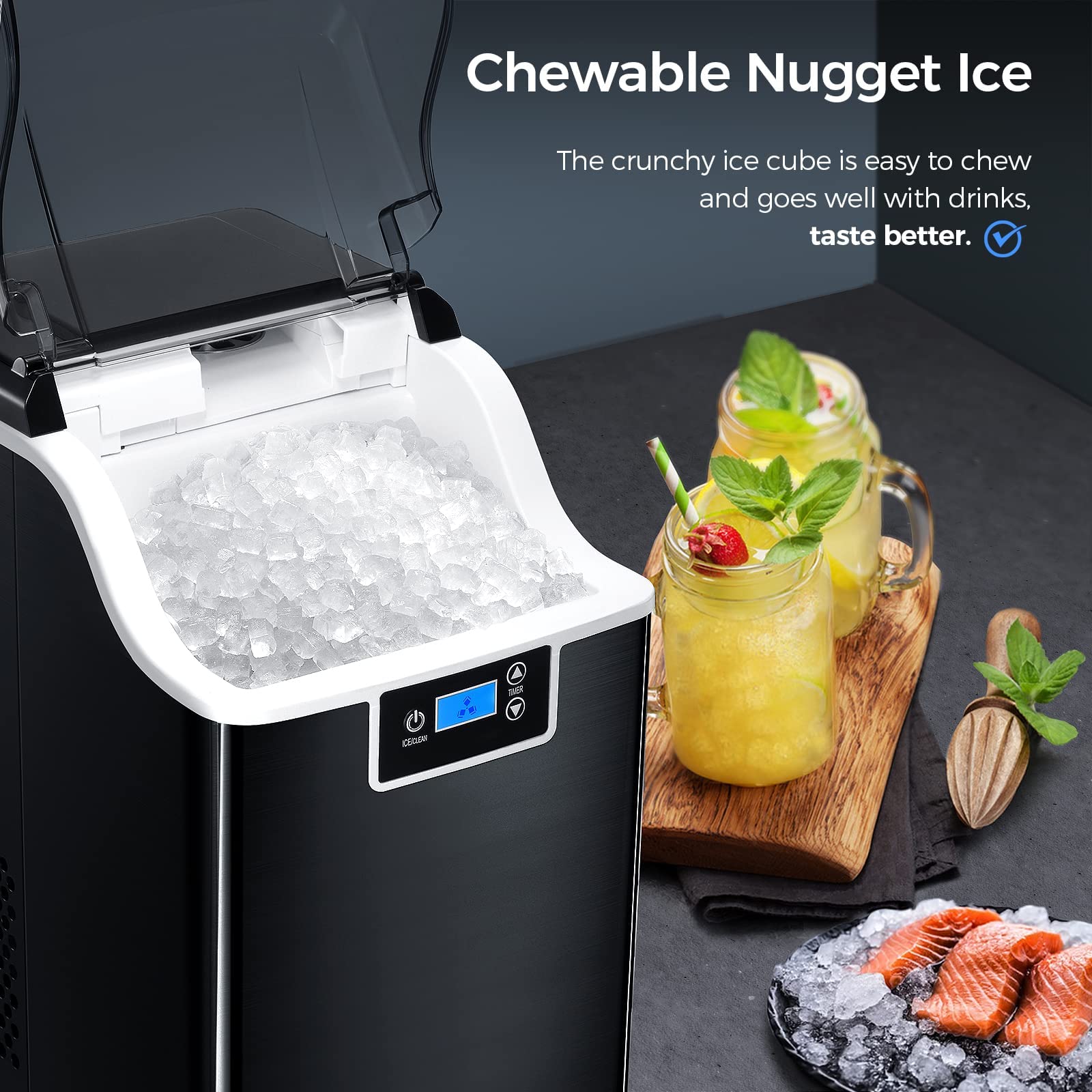 Xbeauty Nugget Ice Maker Countertop, Pebble Ice Maker Machine with Self-Cleaning, Chewable Pellet Ice/44Lbs Day/24Hrs Timer, Portable Ice Maker for Home/Kitchen/Office/Bar/Party, Black