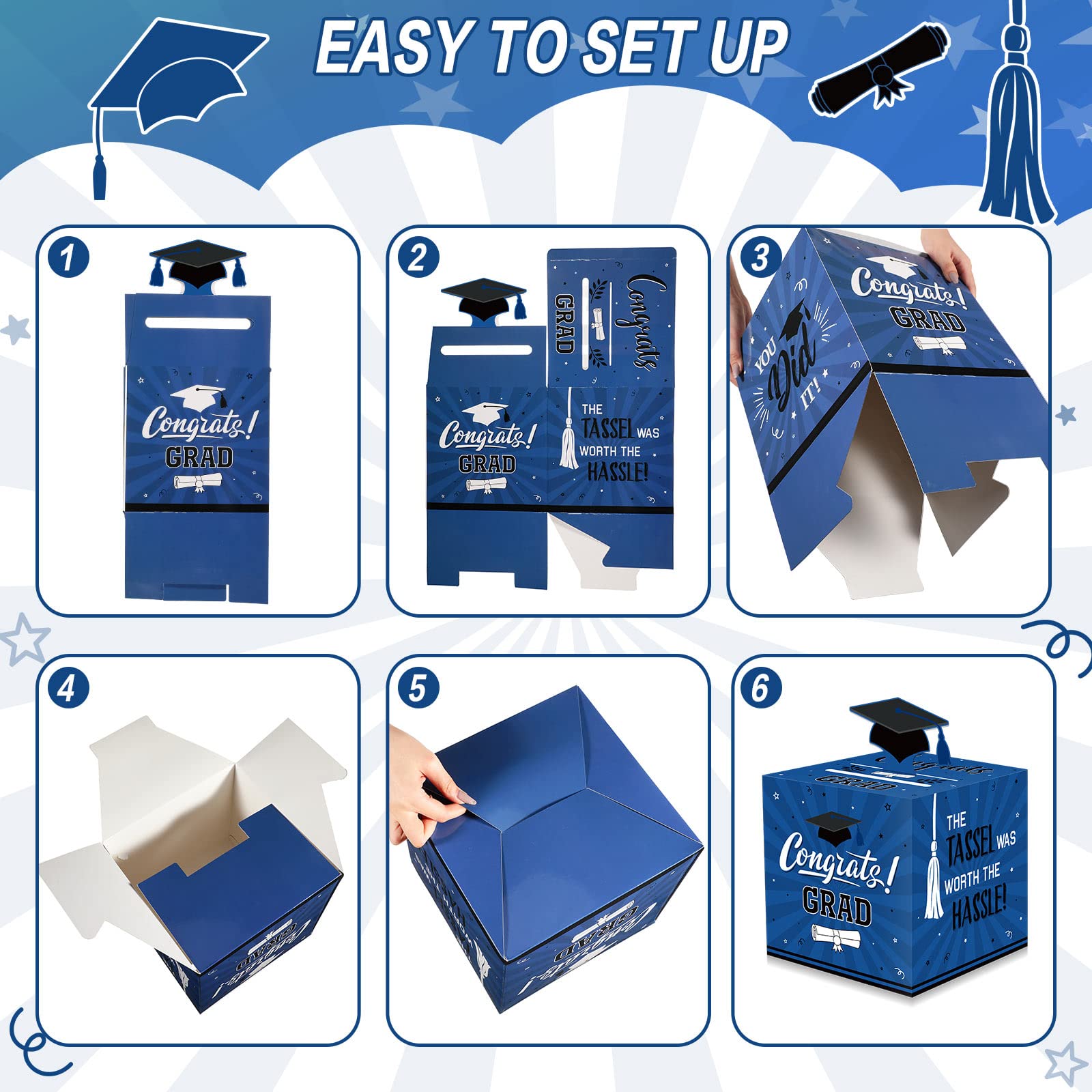 Funrous Large 2024 Graduation Card Box with 30 Pcs Advice Cards Gift Money Box Congrats Grad 3D Cap Top Card Holder Class of 2024 Card Box for College Graduation Party Supplies Decorations(Blue)