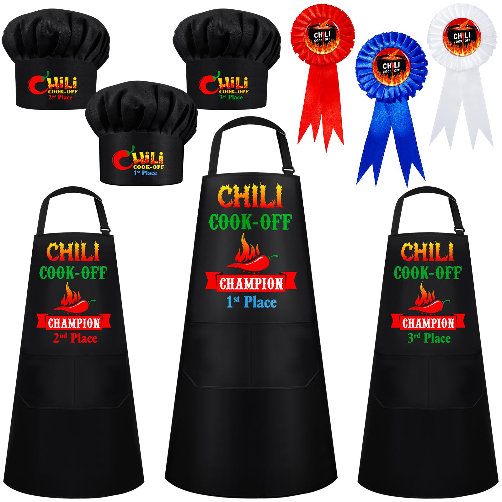 Wesiti 9 Pcs Chili Cook off Prizes Chili Cook off Decorations Chili Cook off Trophies Ribbon Chef Hat Apron(Black)