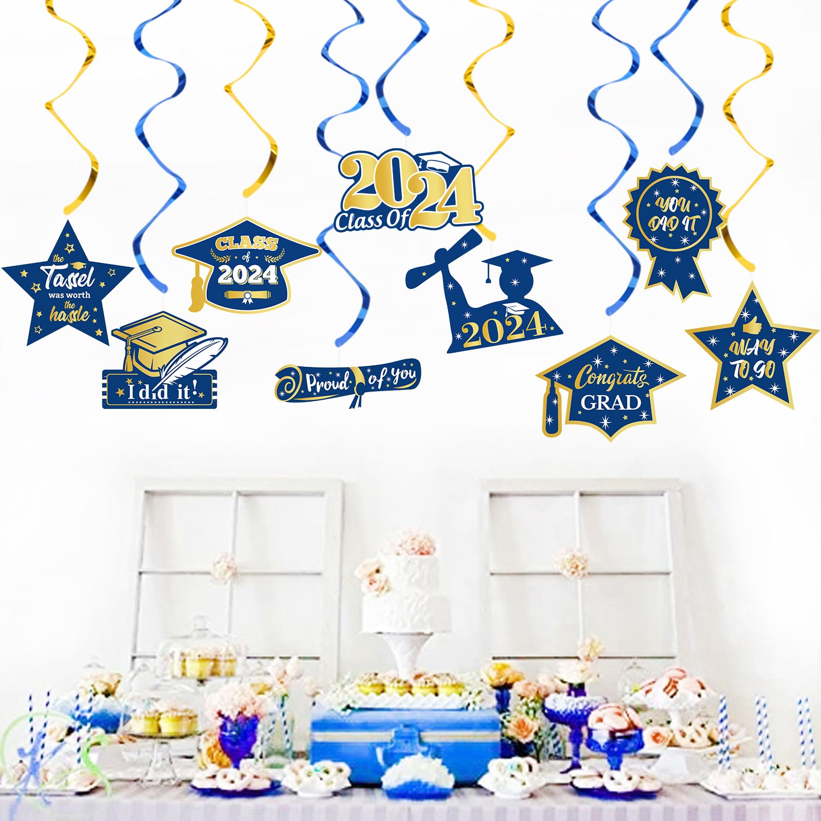 Navy-Blue Gold Graduation Party-Decorations Swirls-Streamers - 15pcs Class of 2023 Congratulations Congrats Decoration Swirls Proud of You Party Favors Supplies Panduola