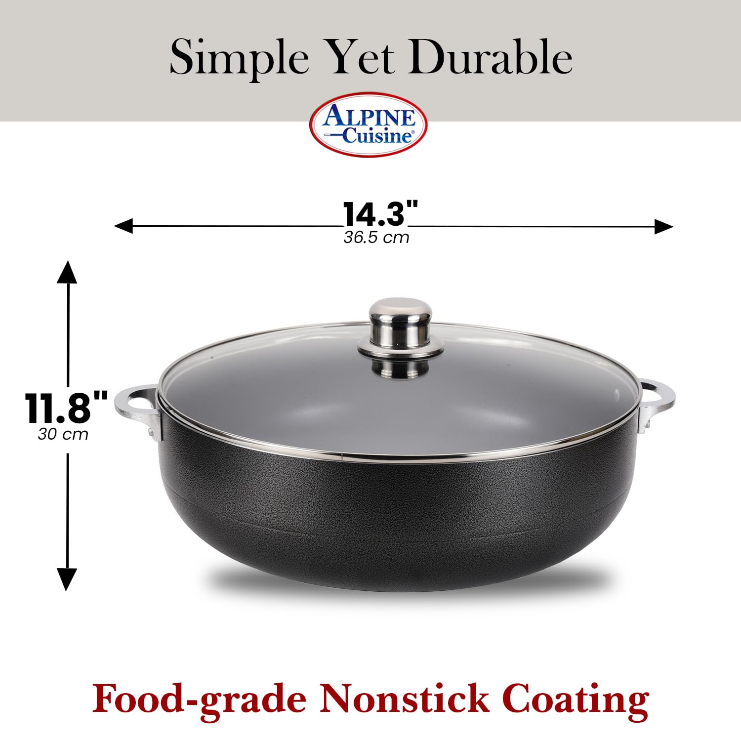 Alpine Cuisine Non-Stick Caldero 7 Quart with Glass Lid | Multi-Purpose Aluminum Dutch Oven for Braising - Boiling - Stewing | Nonstick Coating with Black Finish | Ideal for All Serving Sizes Pot