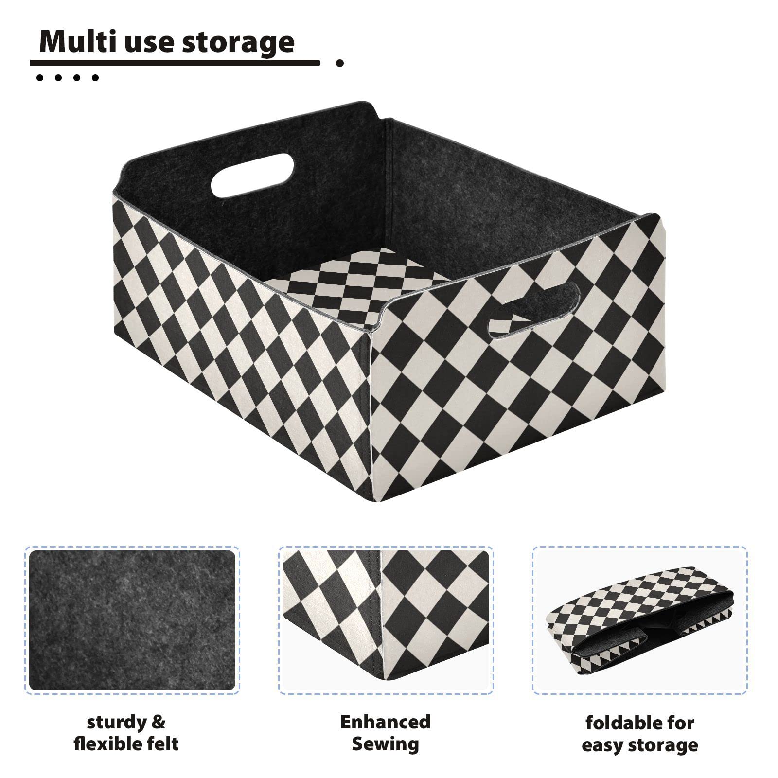 CaTaKu Foldable Storage Basket Black and White Checkered Collapsible Felt Storage Bins with Handle Drawer Organizer Bin Cube Shelf Box for Organizing Closet Clothes Office Books Bedroom