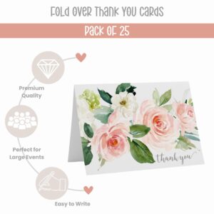 Paper Clever Party Graceful Floral Thank You Cards for Bridal Shower, Wedding, Any Occasion, Blank Notecards with Envelopes Set, Folded Notes, 25 Pack