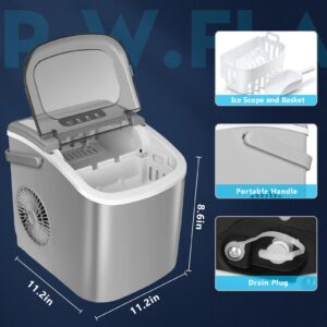 R.W.FLAME Ice Makers Countertop, Portable Ice Maker Machine with Self-Cleaning, 26.5lbs/24Hrs, 6 Mins/9 Pcs Bullet Ice, Ice Scoop and Basket, Handheld Ice Maker for Kitchen/Home/Office/Party,Grey