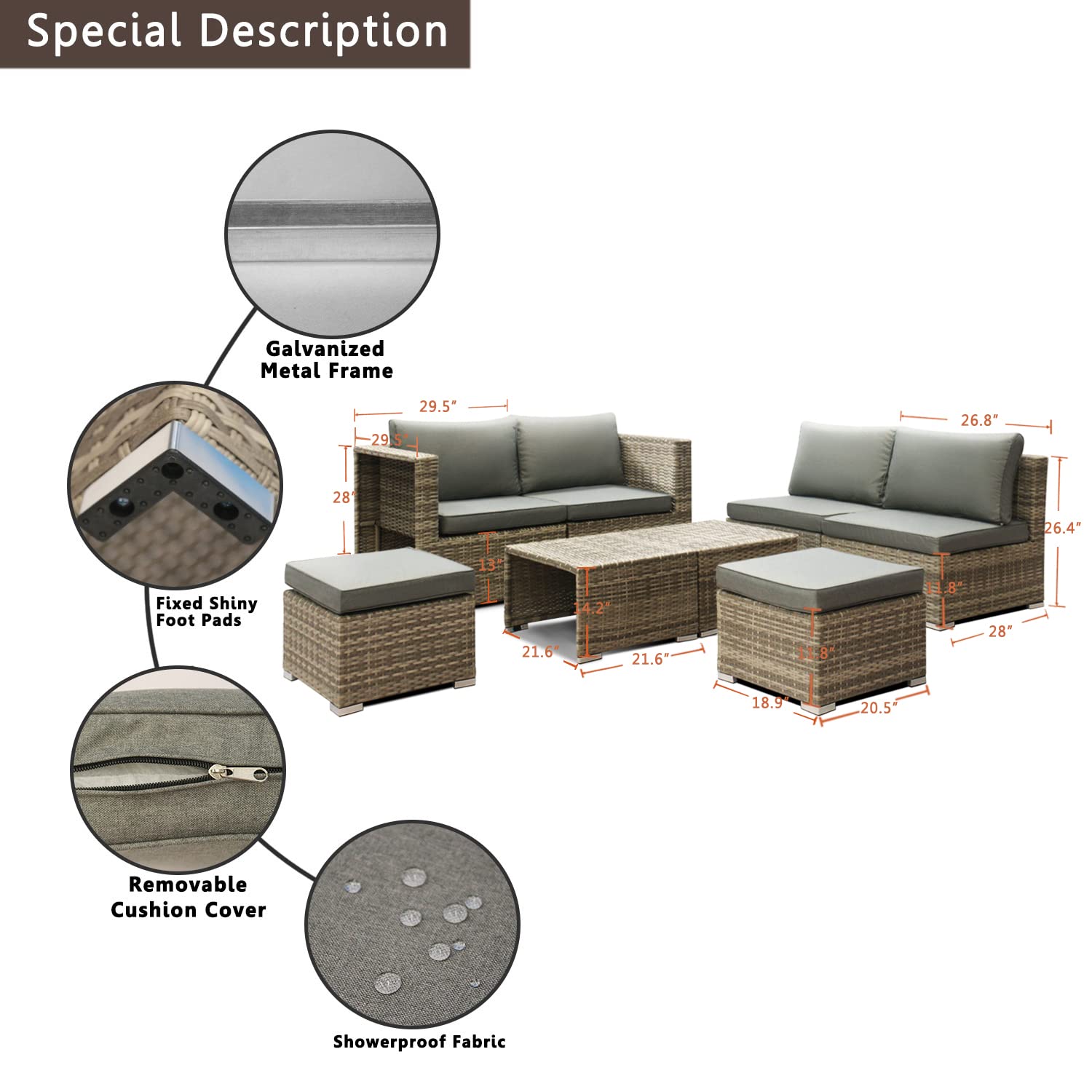 8 PCS Outdoor Furniture Fully Assembled Patio Conversation Furniture Sets Wicker Rattan Outside Sectional Sofa Couch Space Saving Deep Seating with Back Cushion Ottoman Coffee Table Grey-W/Cover