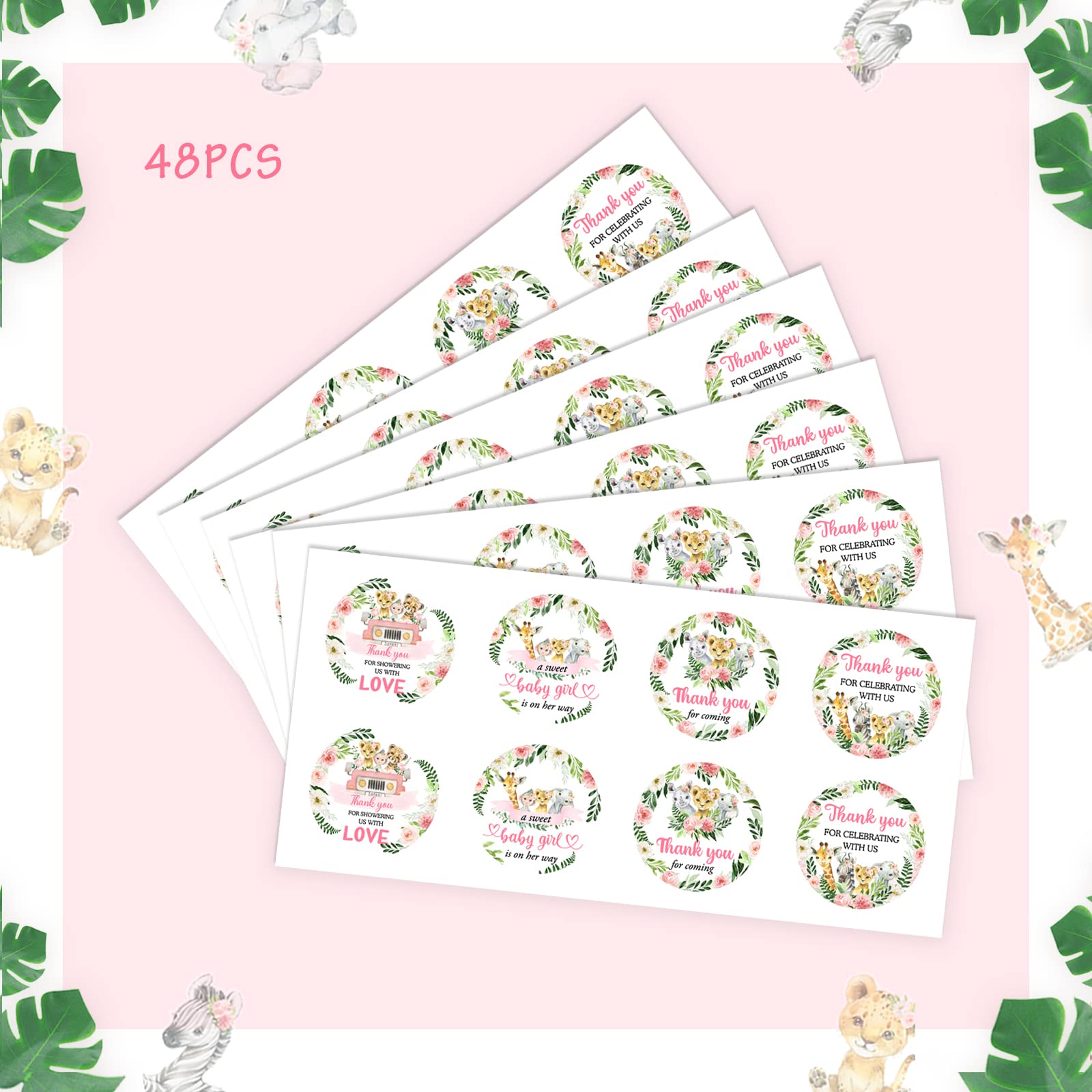 48 Packs Jungle Thank You Stickers for Girls, Baby Shower Safari Jungle Thank You Stickers, Pink Baby Girl Shower Wild Animals Birthday Party Favor Label Decorations(2 Inch)