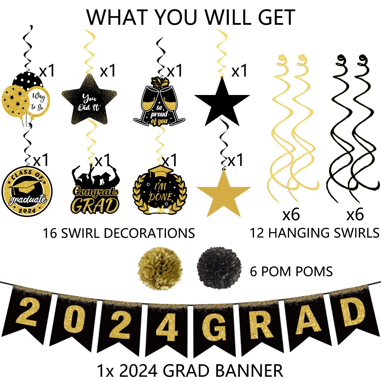 35Pcs Graduation Decorations Pre-Assembled Hanging Swirls 2024 GRAD Banner Graduation Party Decorations Class of 2024 for Classroom Home Party