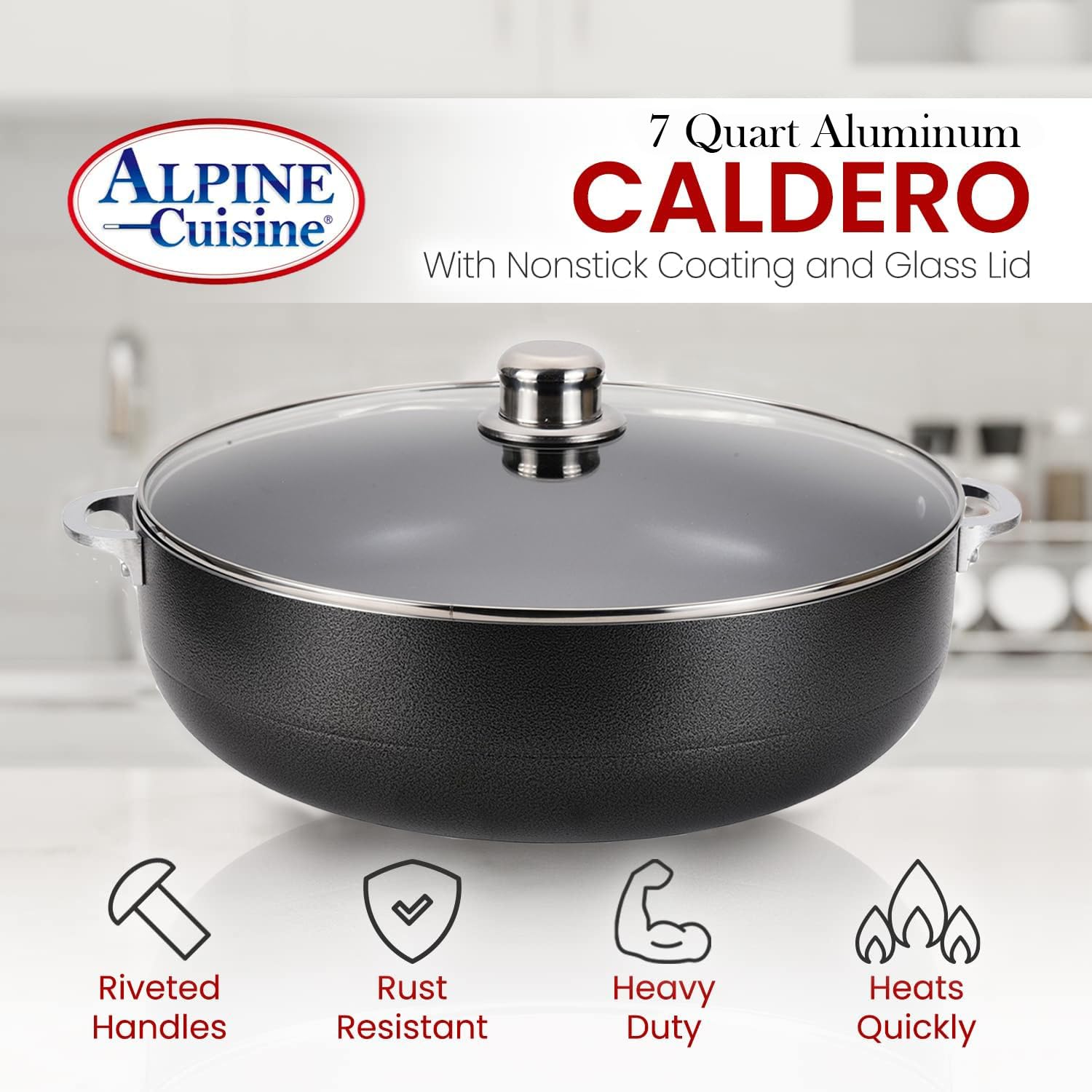 Alpine Cuisine Non-Stick Caldero 7 Quart with Glass Lid | Multi-Purpose Aluminum Dutch Oven for Braising - Boiling - Stewing | Nonstick Coating with Black Finish | Ideal for All Serving Sizes Pot