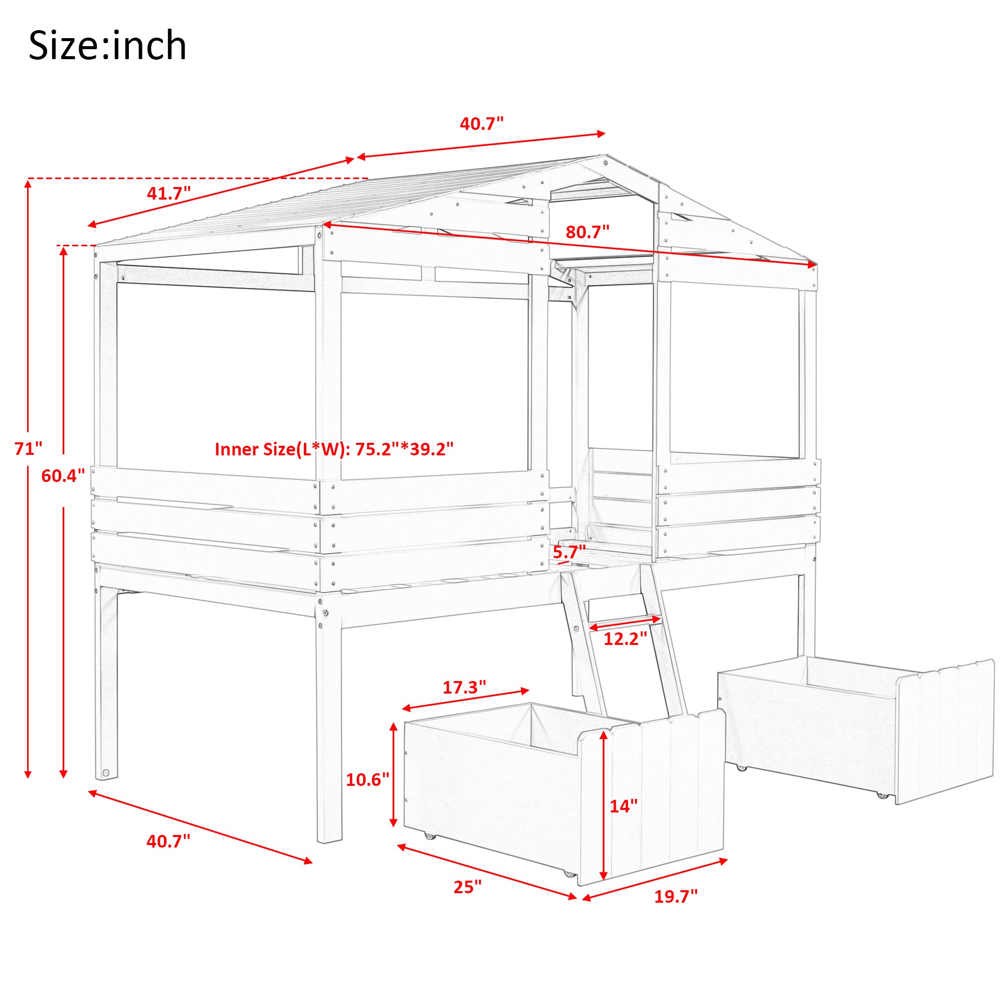 Merax Junior Wood Loft House Bed with Ladder/Drawers, Low Loft Bunk Bed for Girls Boys,No Box Spring Needed/Space Saving Twin Size White