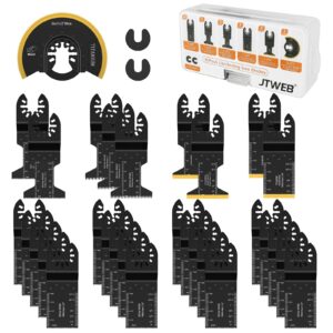 jtweb 30pcs oscillating saw blades titanium oscillating multitool blades, universal quick release multi tool blades kits wood and metal plastics cutting for bosch ryobi milwaukee fein