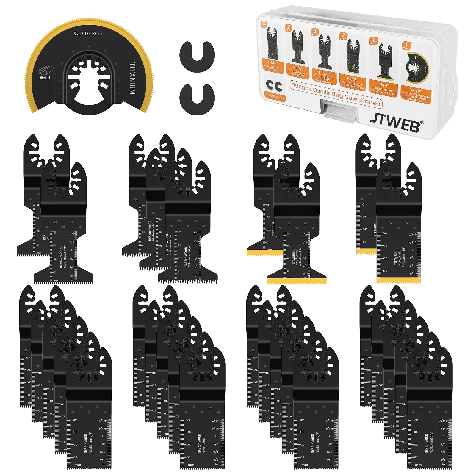 JTWEB 30PCS Oscillating Saw Blades Titanium Oscillating Multitool Blades, Universal Quick Release Multi Tool Blades Kits Wood and Metal Plastics Cutting for Bosch Ryobi Milwaukee Fein