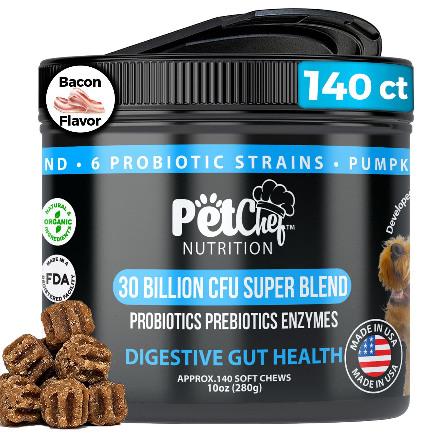 Pet Chef Dog Probiotic Prebiotic Chews-Digestion Stomach Health, Dog Smells. Probiotics & Enzymes for Dog Wellness - Improves Dog Anal Glands. All Natural & Organic