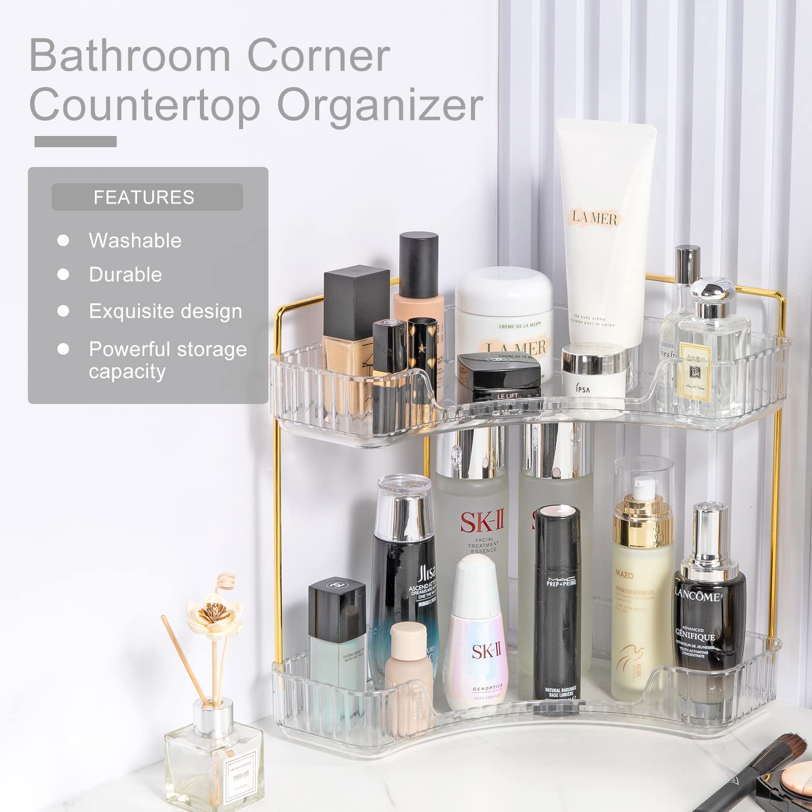 INVSSENE Corner Bathroom Countertop Organizer, Vanity Trays for Bathroom Counter, Makeup Organizer, Perfume Tray, Kitchen Spice Rack, Fits 90 Corner(Clear, 2 Tiers)