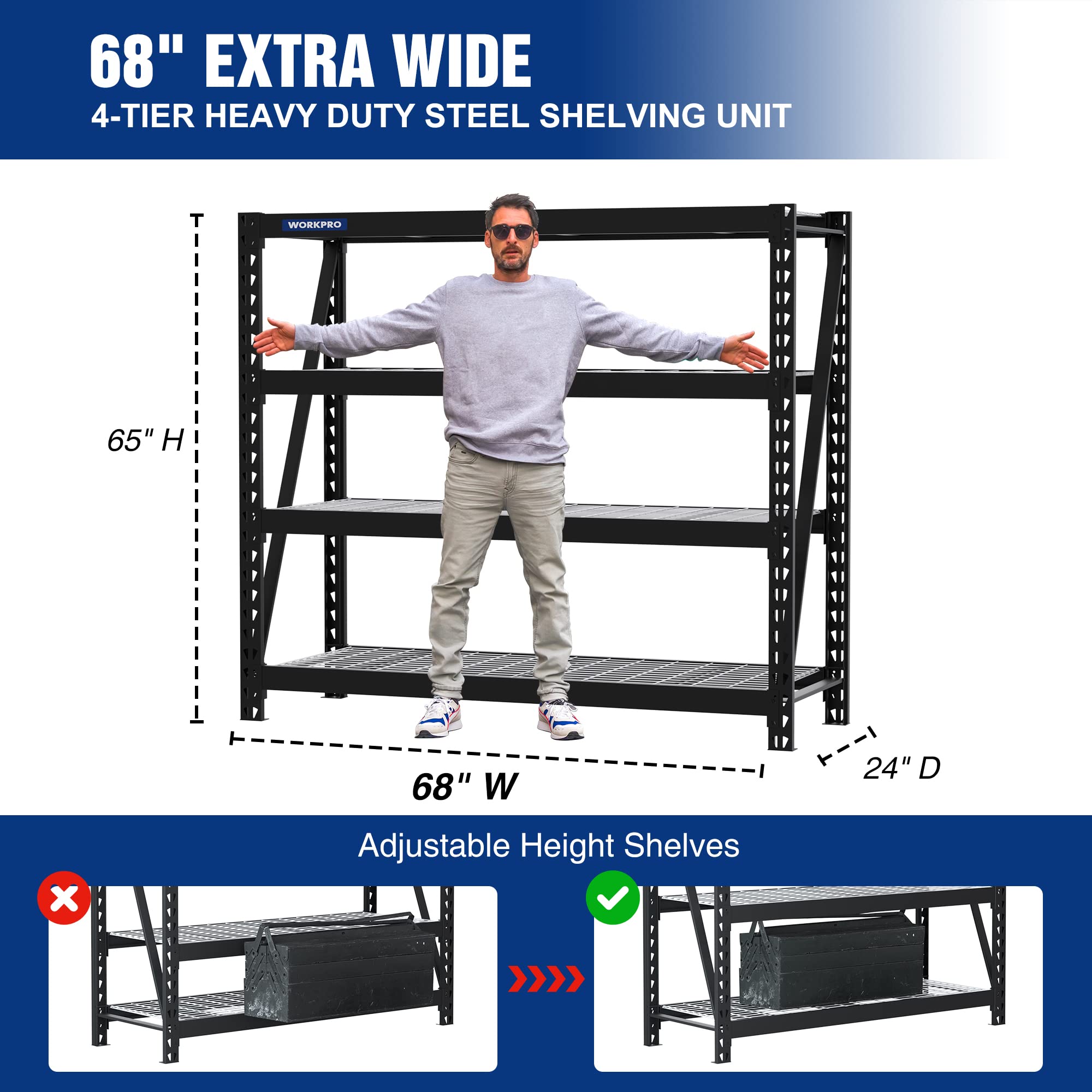 WORKPRO 68" Ultra Wide 4-Tier Metal Garage Shelving Unit, 68"W x 24"D x 65"H, 7200 LBS Capacity, Heavy Duty Storage Utility Rack, Industrial Adjustable Shelves for Shop Warehouse Basement Fish Tank