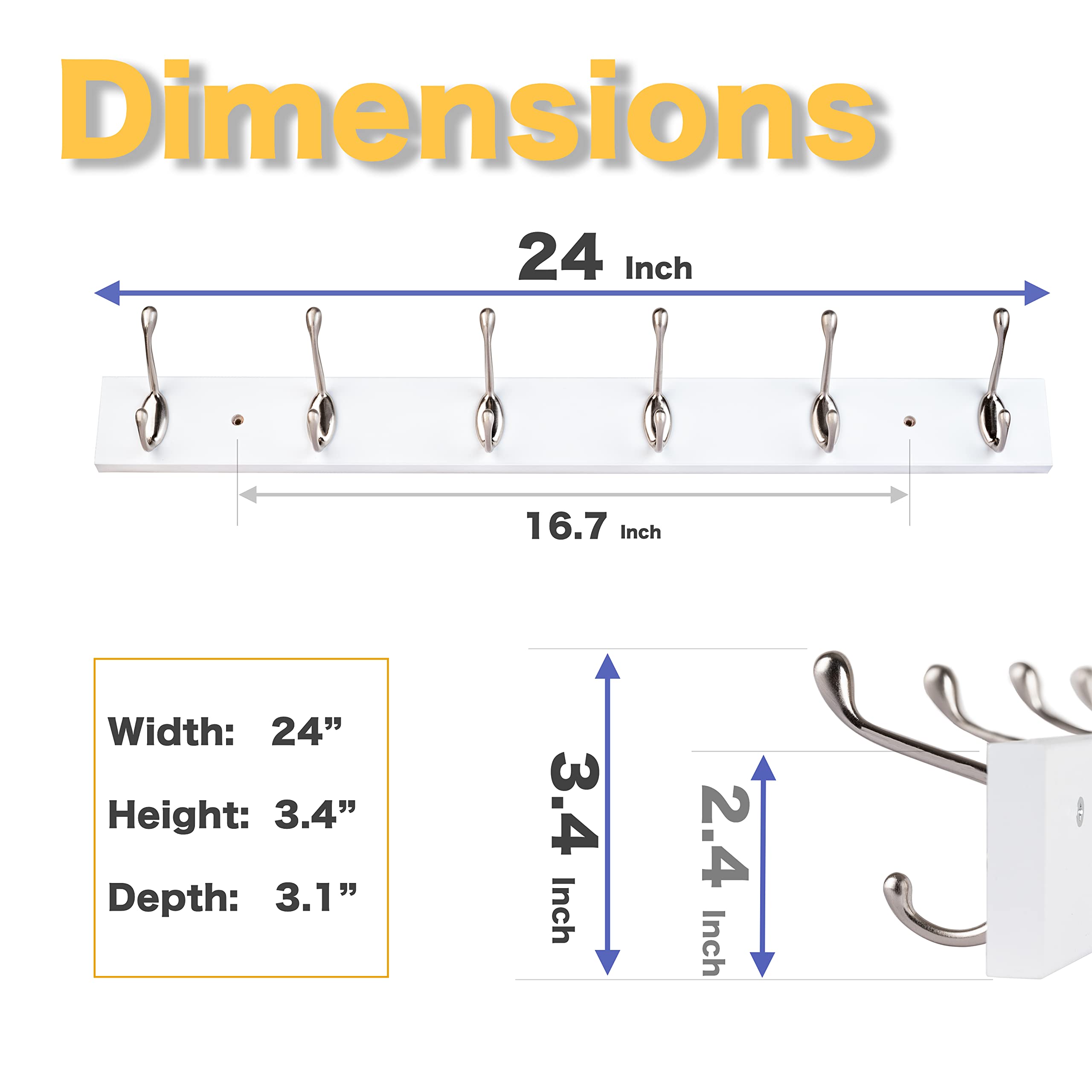 ROOREVO Wall Mounted Coat Rack 24 Inches with 6 Hooks - 2 Pack, Wall Coat Hooks Wall Hat Hanger, Satin Nickel & White