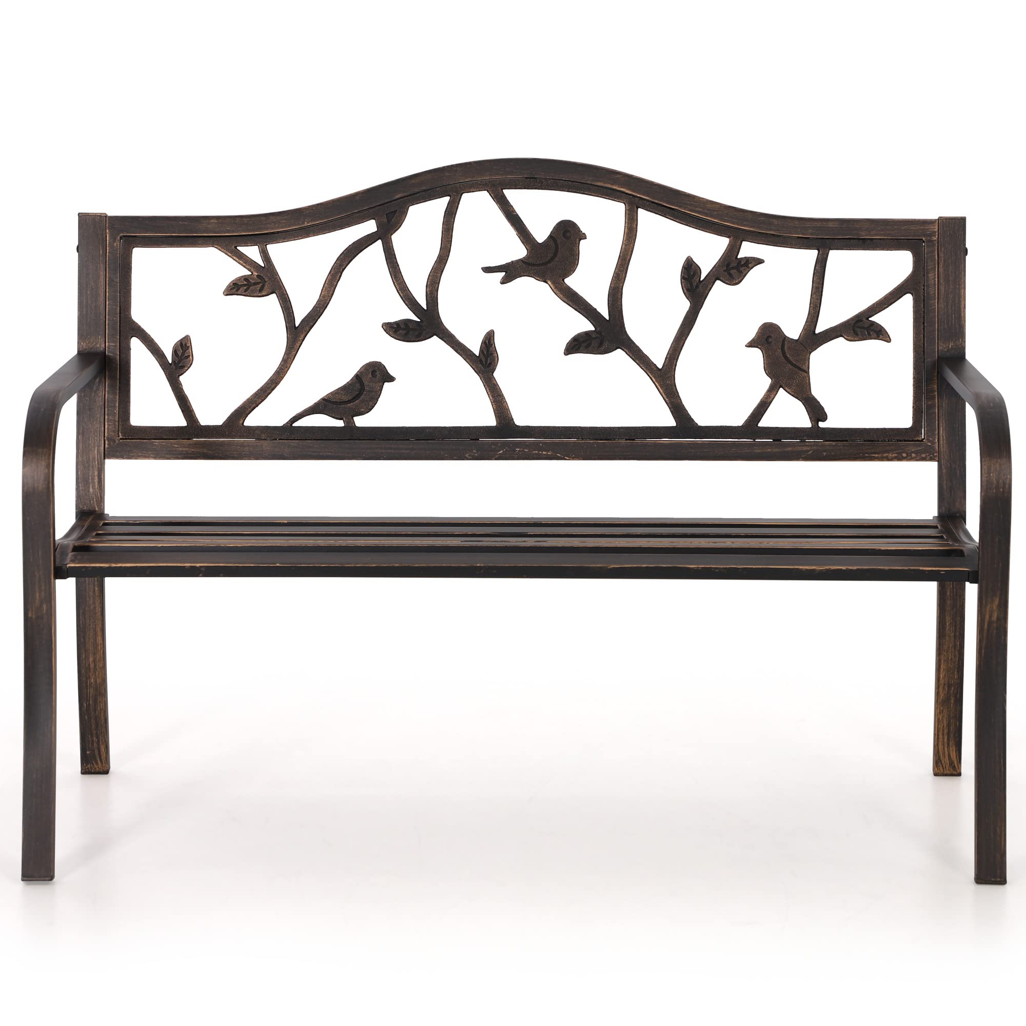 PHI VILLA 50" Patio Garden Bird Bench Steel Frame Park Yard Outdoor Furniture Cast Iron Porch Chair, Bronze