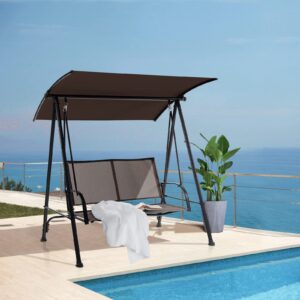 Tangkula 2 Person Porch Swing, Patio Swing with Adjustable Canopy, Comfortable Fabric Seat & Heavy-Duty Steel Frame, Outdoor Canopy Swing for Patio, Garden, Poolside (Dark Brown)