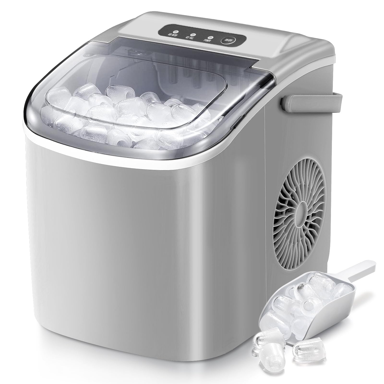 R.W.FLAME Ice Makers Countertop, Portable Ice Maker Machine with Self-Cleaning, 26.5lbs/24Hrs, 6 Mins/9 Pcs Bullet Ice, Ice Scoop and Basket, Handheld Ice Maker for Kitchen/Home/Office/Party,Grey