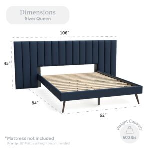 DG Casa Rhodes Queen Bed Frame with Extended Headboard, Soft Blue Velvet Fabric, Splayed Wood Legs, Solid Wood Legs, Wood Slat Support, Chic Tan Headboard, Modern, Blue