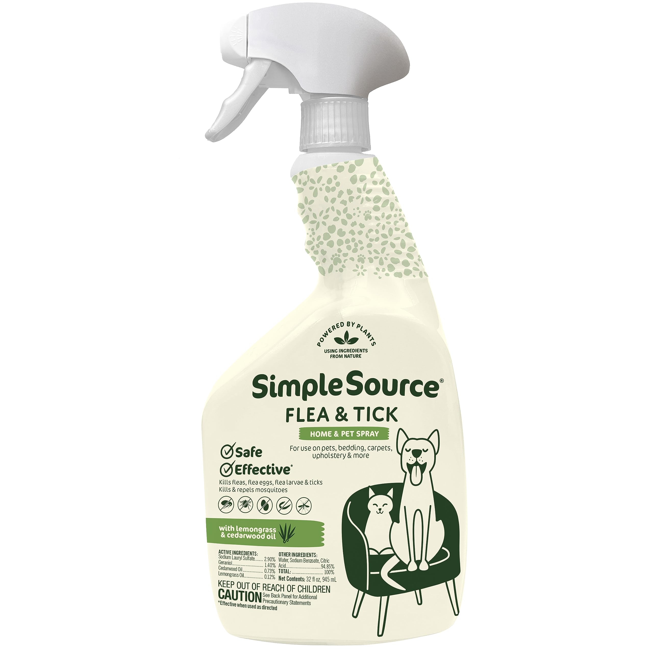 SimpleSource® Flea & Tick Home & Pet Spray, Powered by Plants, Kills Fleas, Flea Eggs, Flea Larvae, & Ticks, Kills & Repels Mosquitos, 32oz Bottle