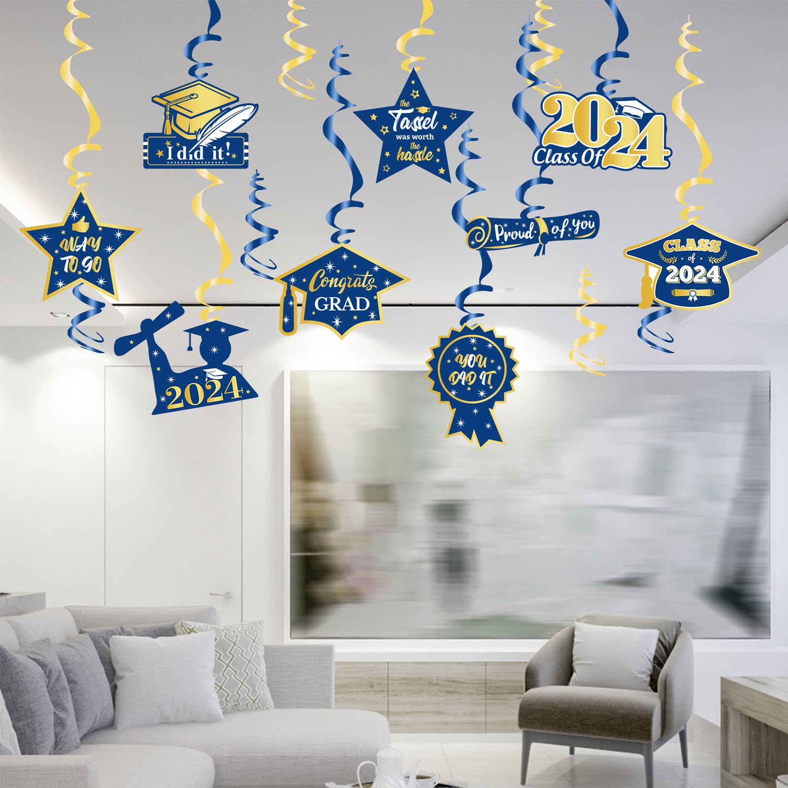 Navy-Blue Gold Graduation Party-Decorations Swirls-Streamers - 15pcs Class of 2023 Congratulations Congrats Decoration Swirls Proud of You Party Favors Supplies Panduola