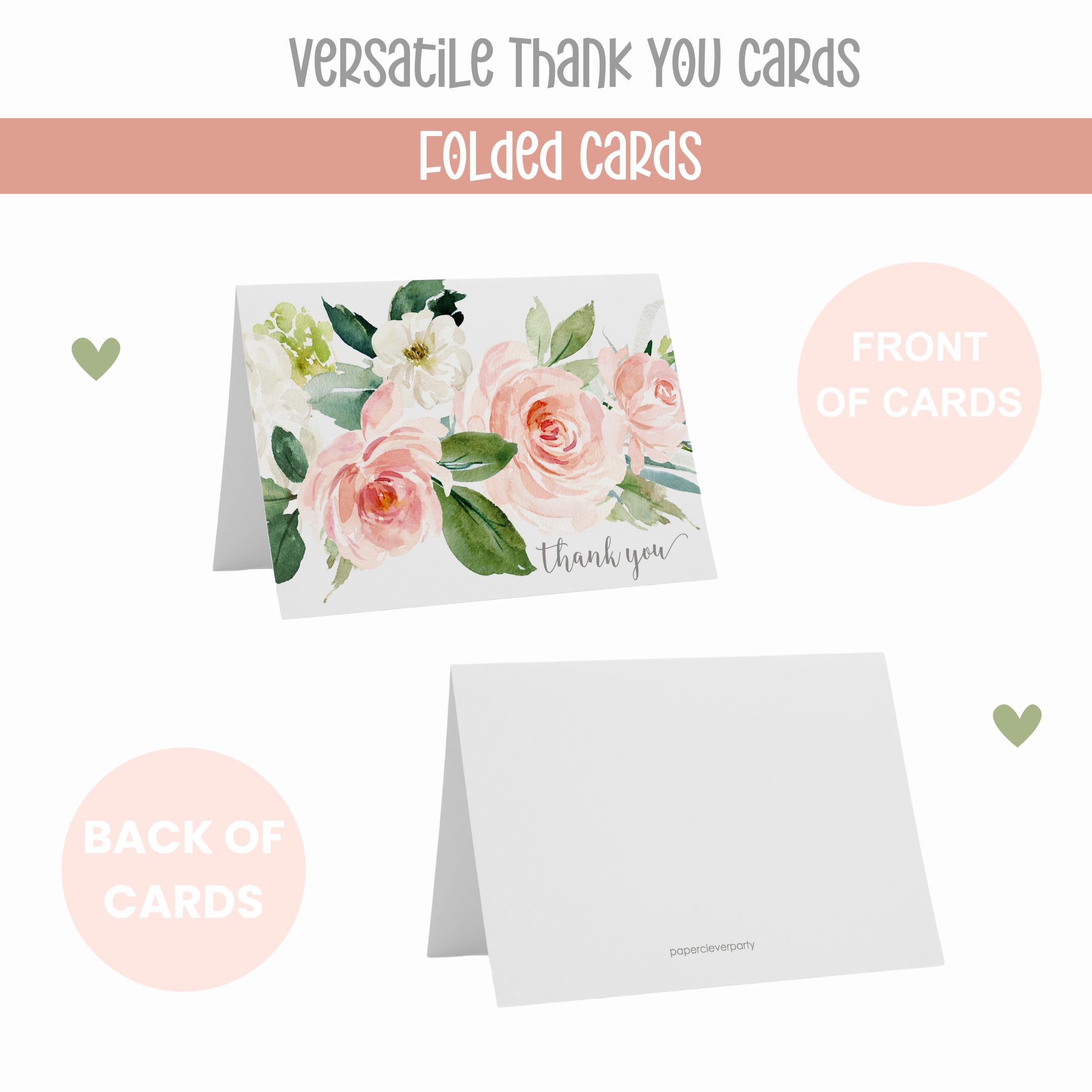 Paper Clever Party Graceful Floral Thank You Cards for Bridal Shower, Wedding, Any Occasion, Blank Notecards with Envelopes Set, Folded Notes, 25 Pack