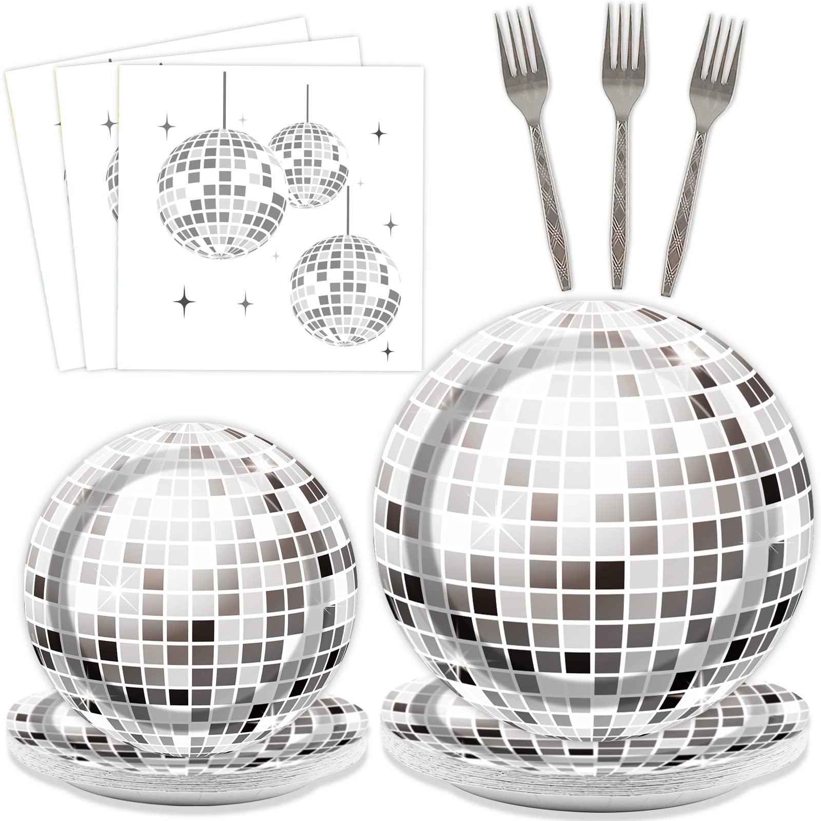 96 Pieces Disco Plates and Napkins Disco Ball Plates Disco Birthday Party Paper Plates 70s Tableware Set Birthday Party Supplies Silver Napkins Hip Hop Baby Shower Party Decorations for 24 Guests